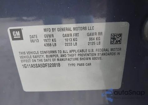 2013 Chevrolet Malibu 1Fl из США, поврежденный, VIN 1G11A5SA5DF320818